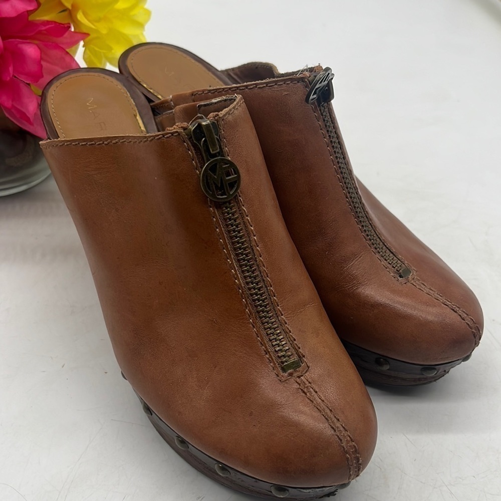 Marc Fisher Corky Brown Leather Mule Wood Wedge size 7 CM4502